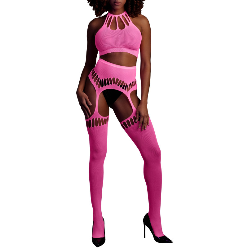 Ouch! Glow Ensemble Bustier Dos nu et Porte-Jarretelles 2 Pièces Rose Fluo